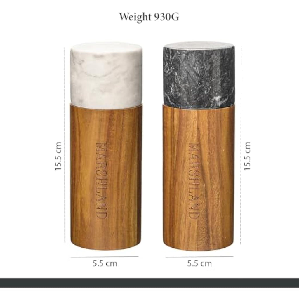 Jolof Store Acacia Wood and Marble Salt and Pepper Grinder Set