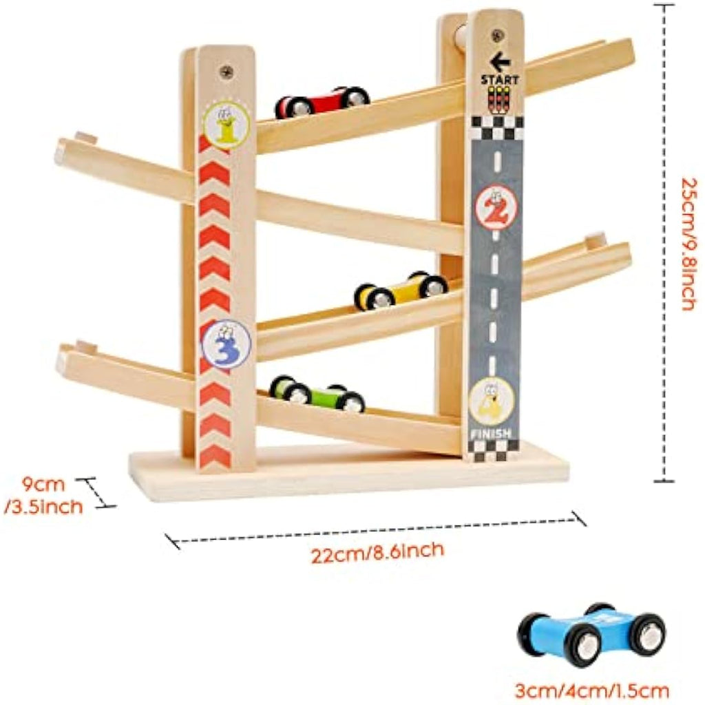 Wooden Car Ramp Toy – Toddler Race Track with 4 Cars