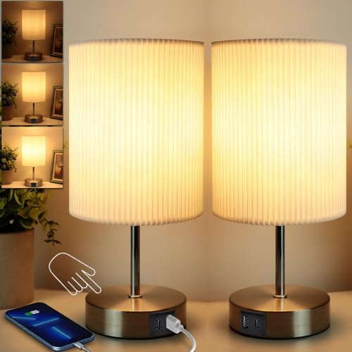 HSLighting Touch Control Bedside Lamps with USB A+C Ports, 2 Pack