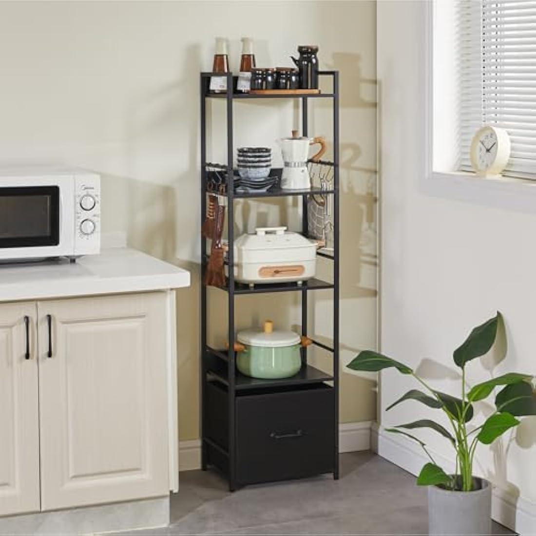 Aibiju 5-Tier Industrial Ladder Shelf – Narrow Metal Bookcase with Drawer