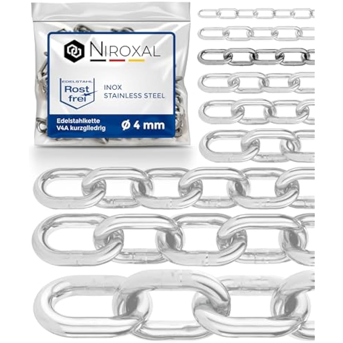 Jolof Store 20m Stainless Steel Chain – 4mm V4A Short-Linked DIN 766