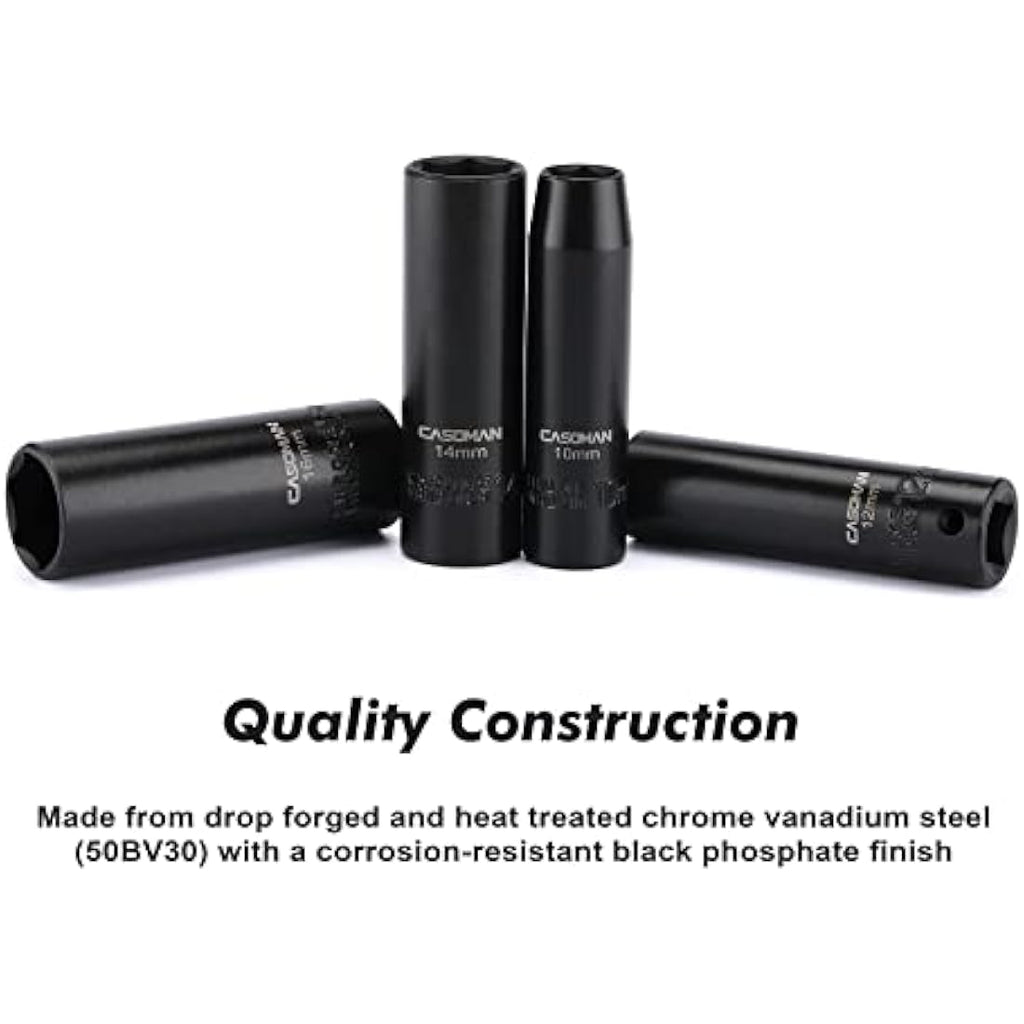 CASOMAN 3/8-Inch Drive Deep Impact Socket Set | 6-Point Metric CR-V, 13-Piece