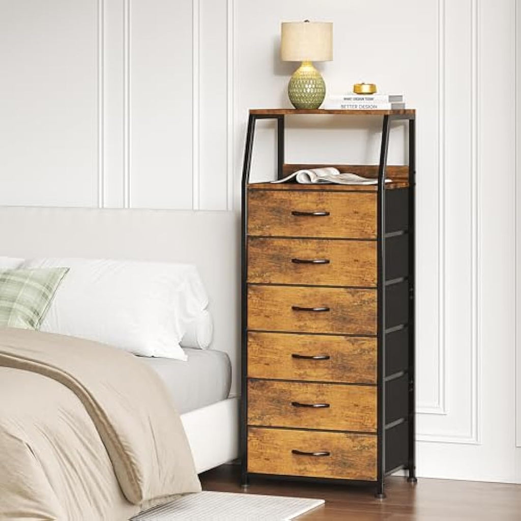 6-Drawer Fabric Dresser – Rustic Brown Tall Storage Chest