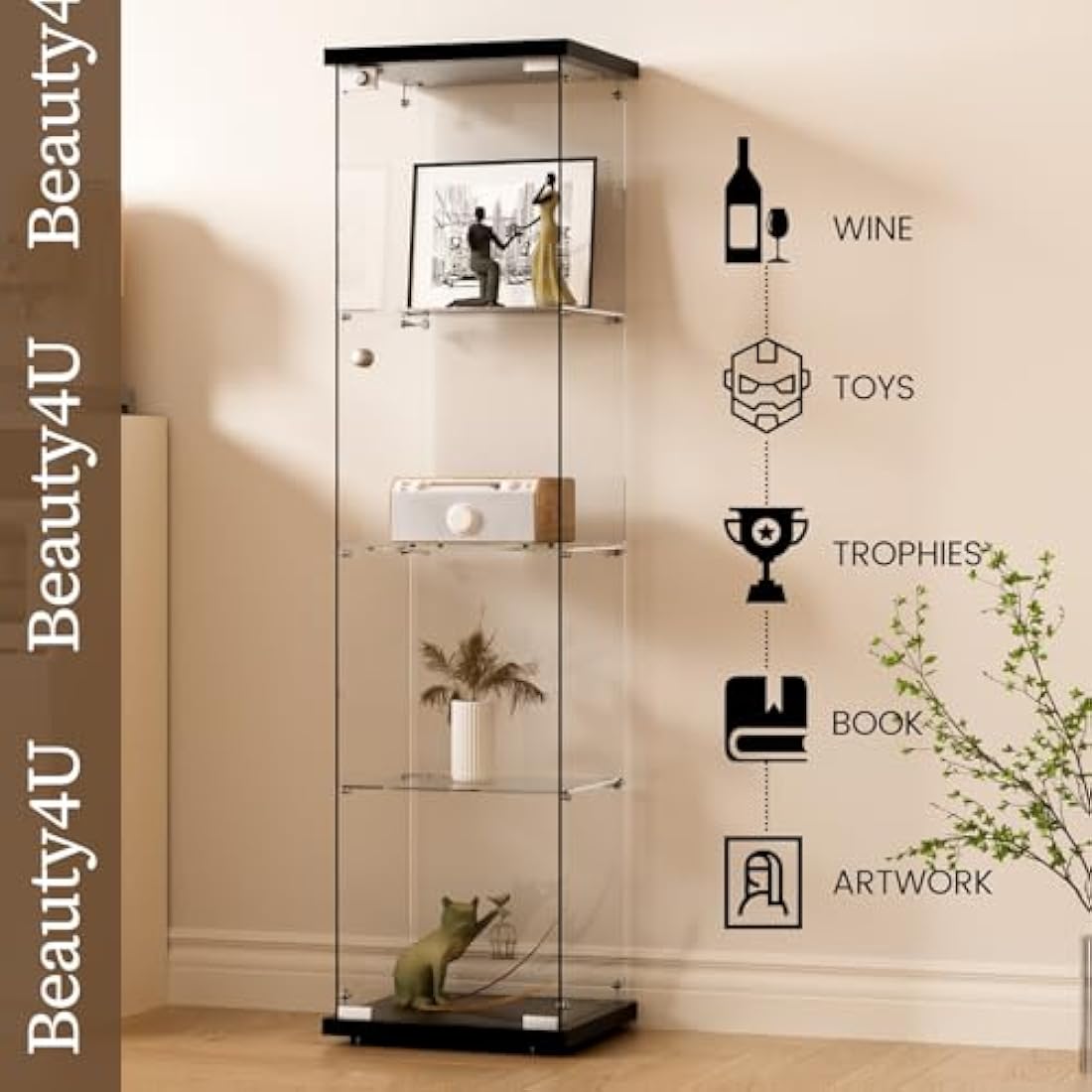 Beauty4U 4-Shelf Glass Display Cabinet | 64" Tempered Glass Showcase, Black