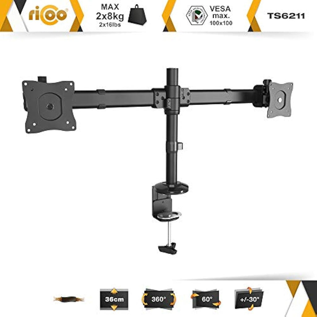 RICOO Dual Monitor Stand | 13-27 Inch VESA Desk Mount – Black