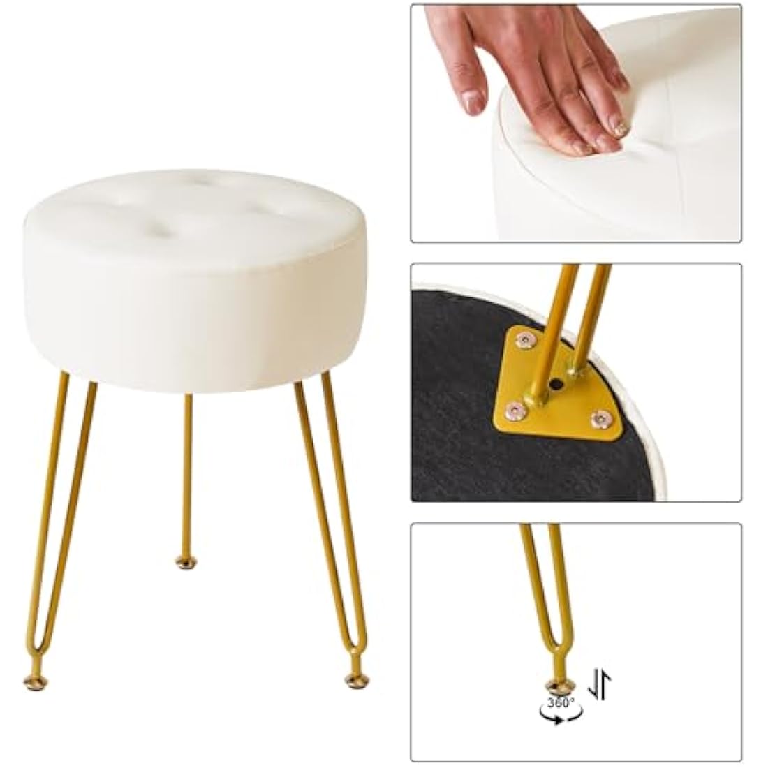 IBUYKE Faux Leather Round Vanity Stool | Footrest with Golden Legs