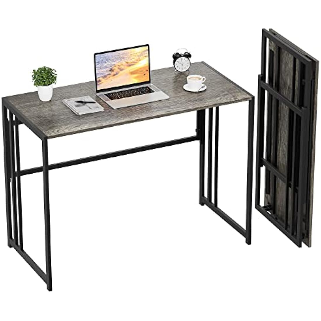 Ulifance Folding Computer Desk – No-Assembly Writing Table, Black Oak