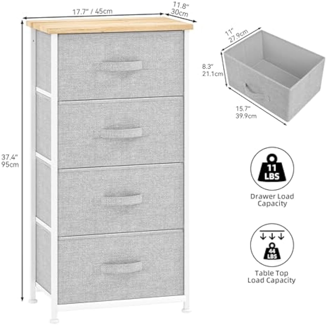 DWVO 4 Fabric Drawer Chest – Steel Frame Bedroom Dresser, Light Grey