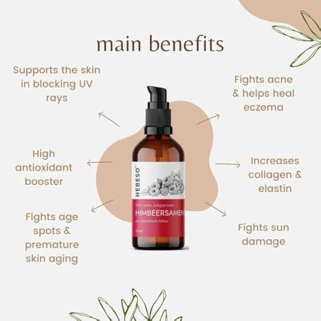 HEBESO 100% Cold-Pressed Raspberry Seed Oil – Organic Anti-Aging Face Care