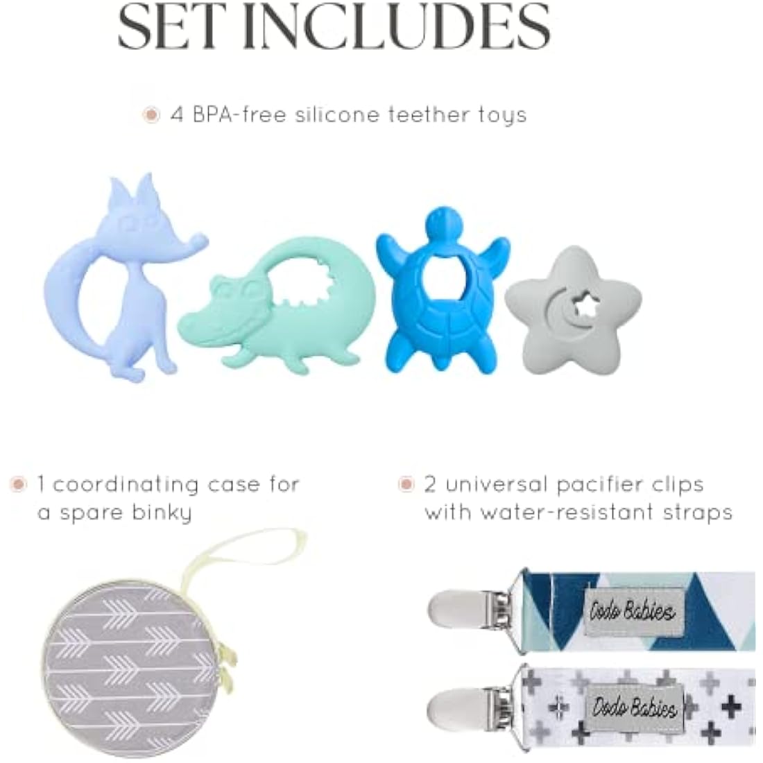 Dodo Babies Silicone Teething Toy and Pacifier Clip Set - Blue Animals