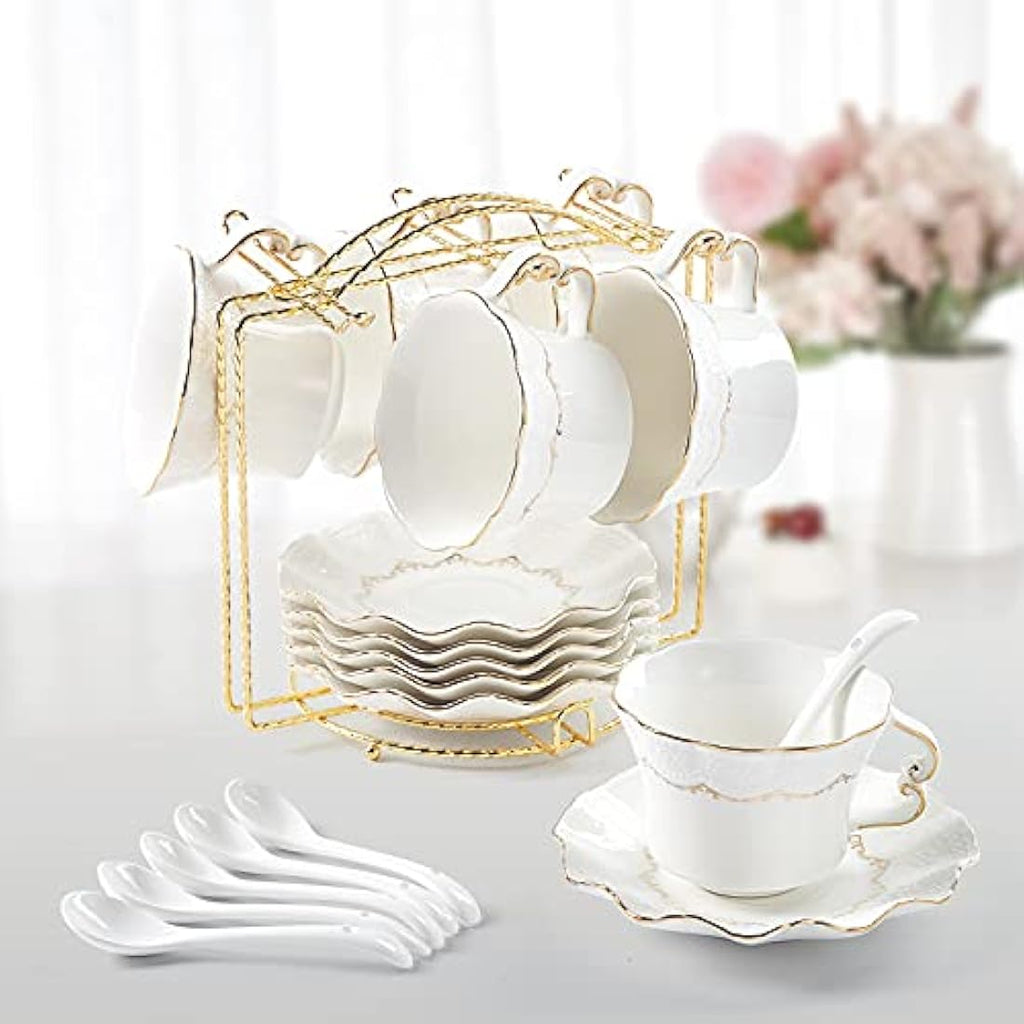 DUJUST Luxury Porcelain Tea Cups and Saucers Set of 6 with Metal Stand – White