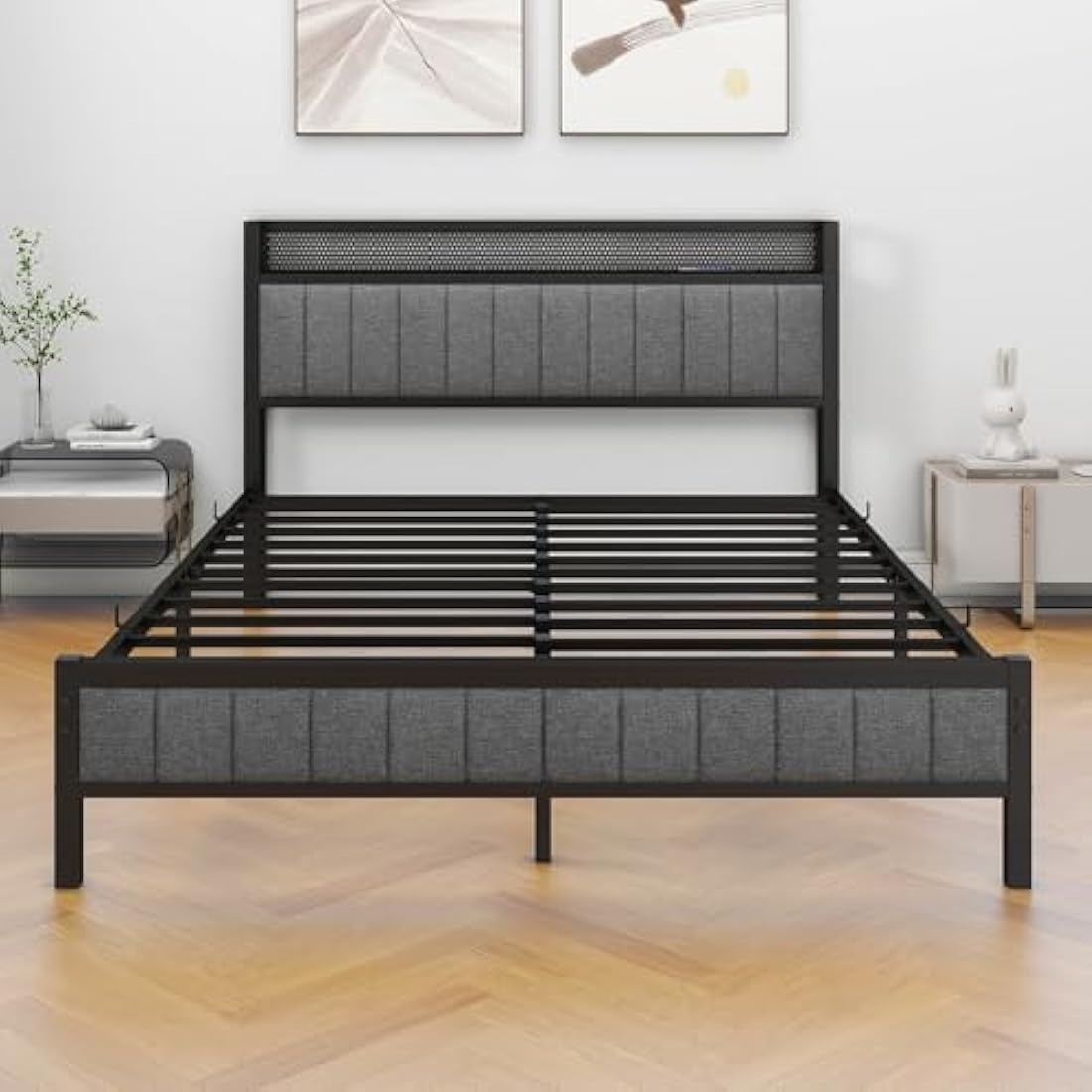 MOFLUT King Size Upholstered Bed Frame with Storage Headboard – Gray