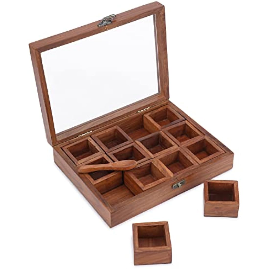 Wooden Masala Dabba Spice Box - 12 Compartments & Glass Lid