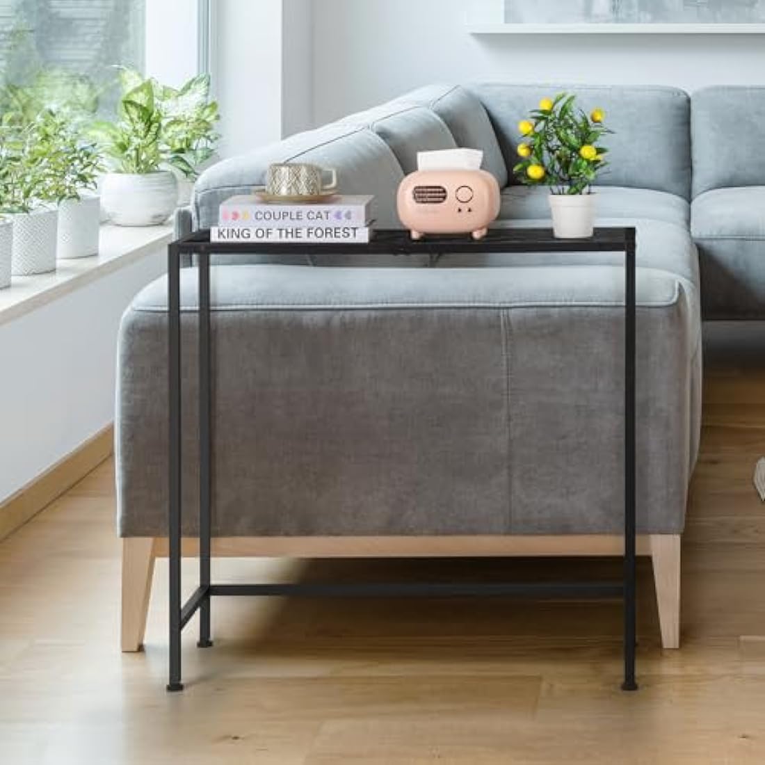 CADUKE Narrow Console Table | Modern Black Metal and Wood Sofa Table