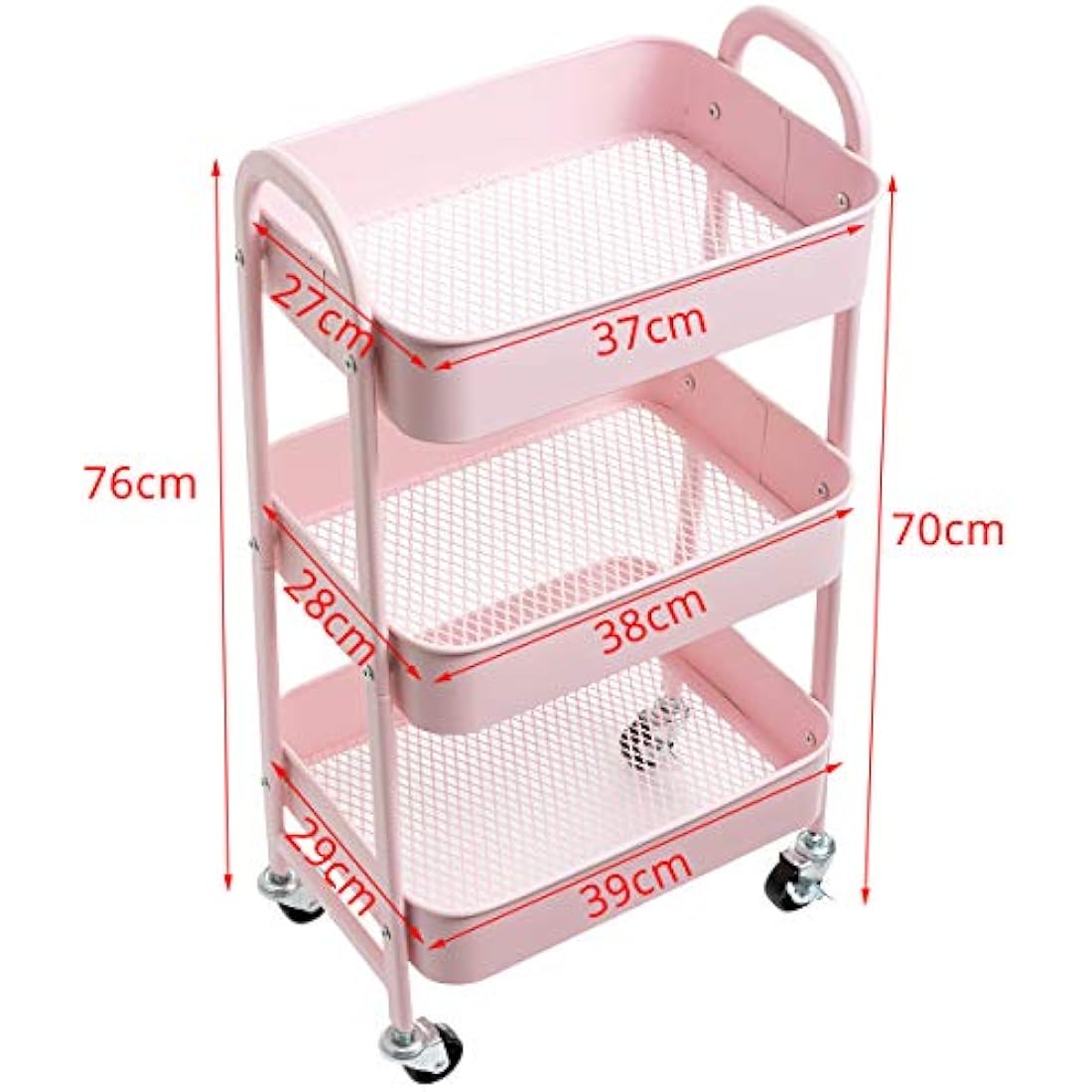 DOEWORKS 3-Tier Metal Rolling Storage Cart | Pink Utility Trolley