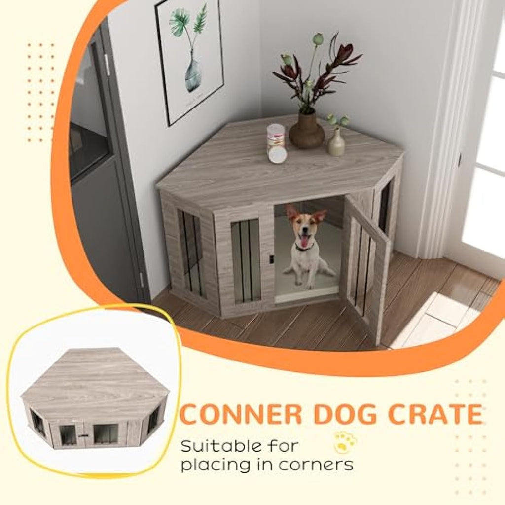 PawHut Dog Crate Furniture – Walnut Brown Side Table Kennel with Cushion