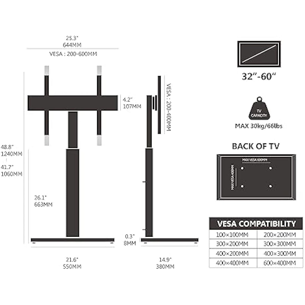 FITUEYES TV Floor Stand | Swivel Height Adjustable Mount for 32-60 Inch
