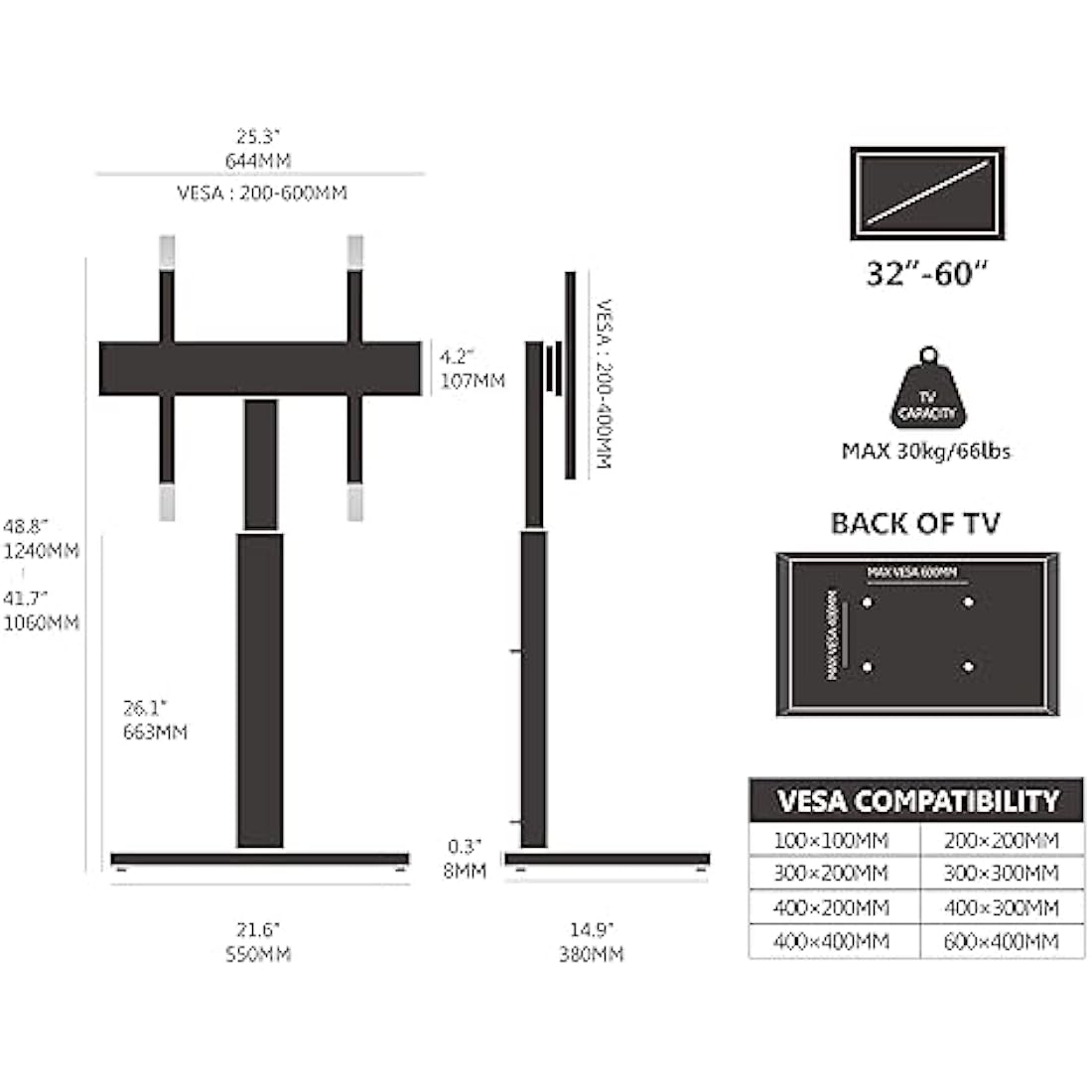 FITUEYES TV Floor Stand | Swivel Height Adjustable Mount for 32-60 Inch
