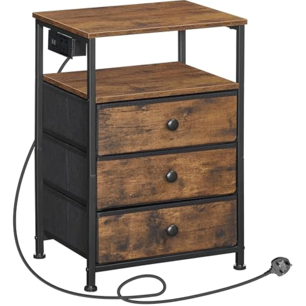 HOOBRO Bedside Table with Charging Station | 3-Drawer Nightstand
