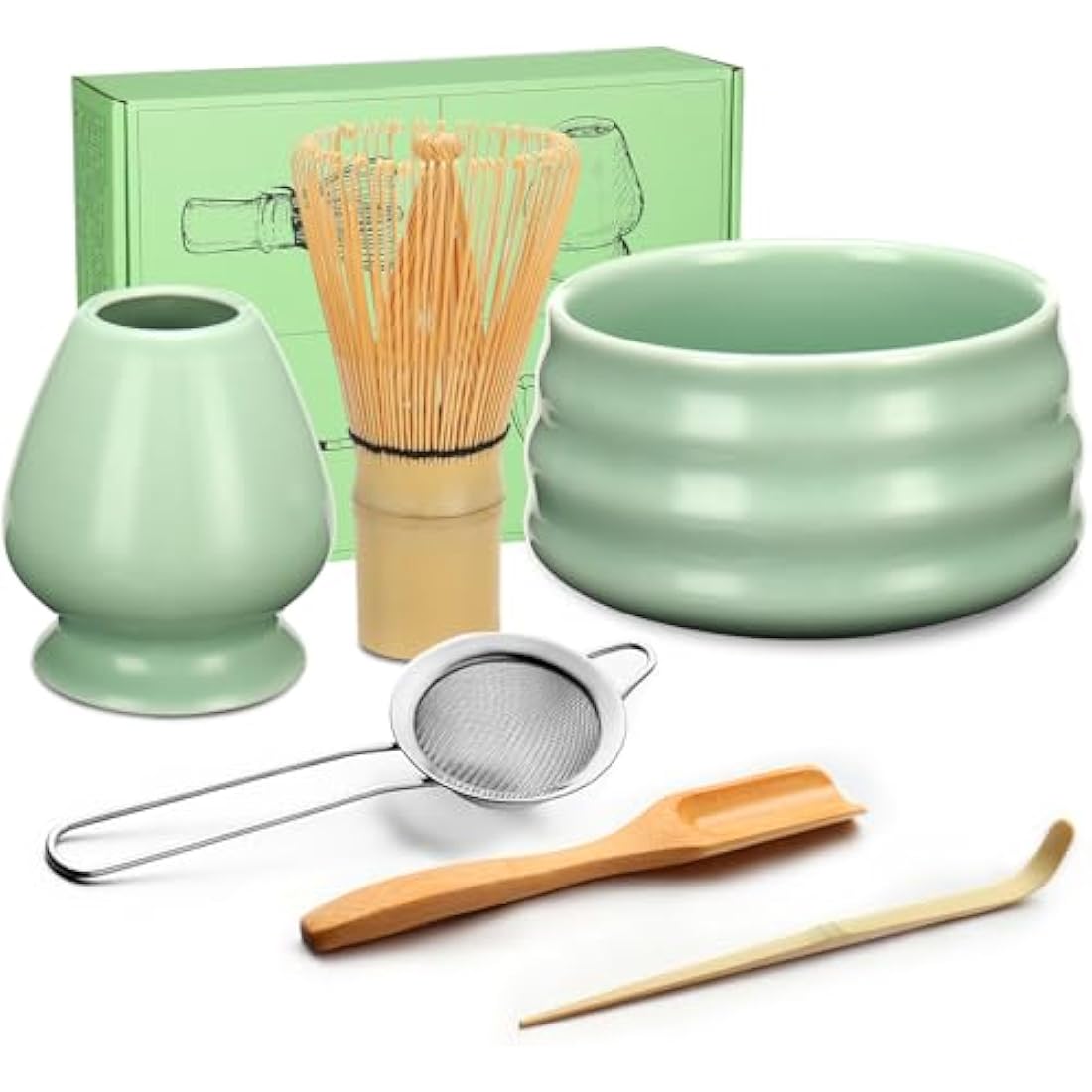 Geebuzz 6-Piece Matcha Whisk Set with Ceramic Bowl and Bamboo Tools