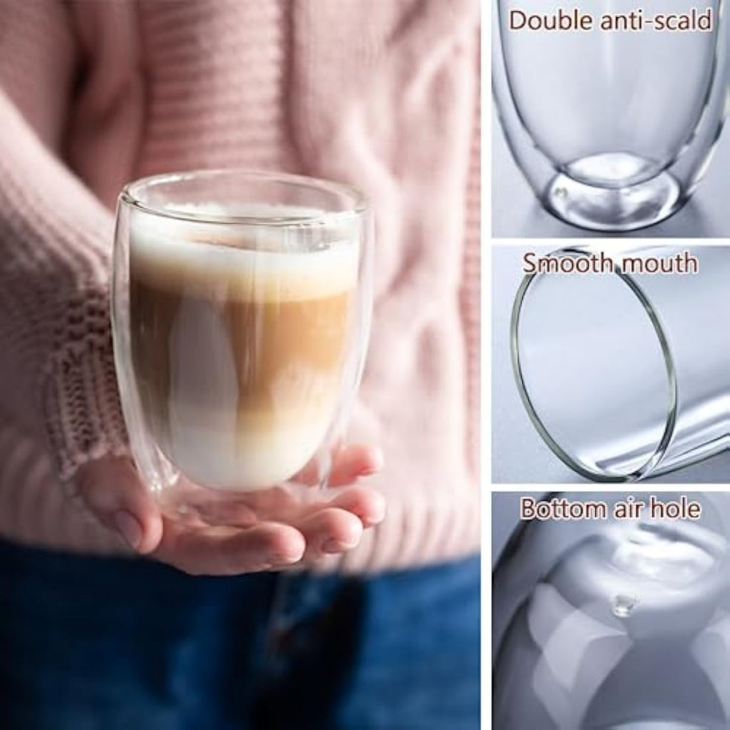 Jolof Store Double Walled Glass Coffee Mugs - 6pc 350ml Set with Spoons