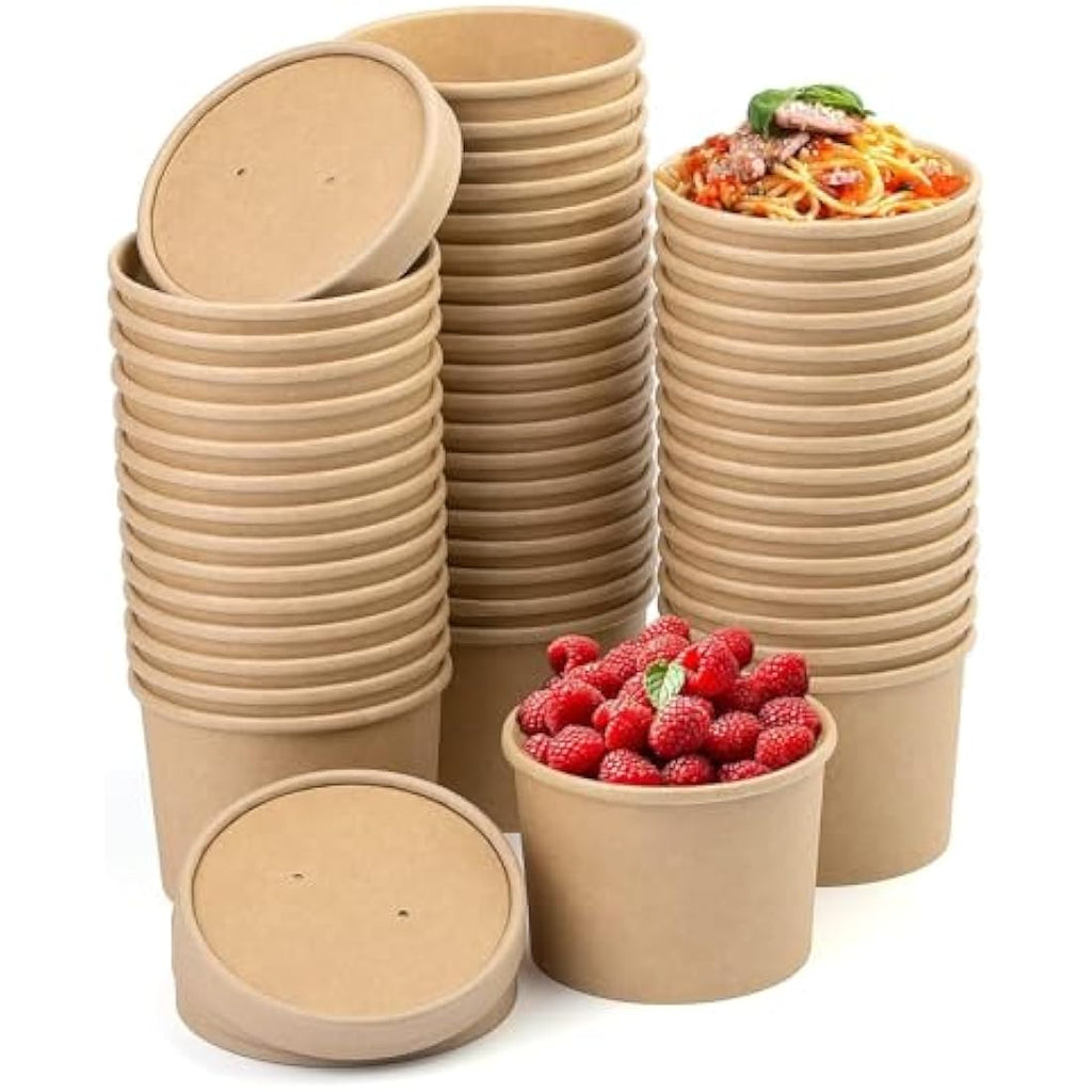 12oz Kraft Paper Soup Cups with Lids - 50 Pack Disposable Bowls