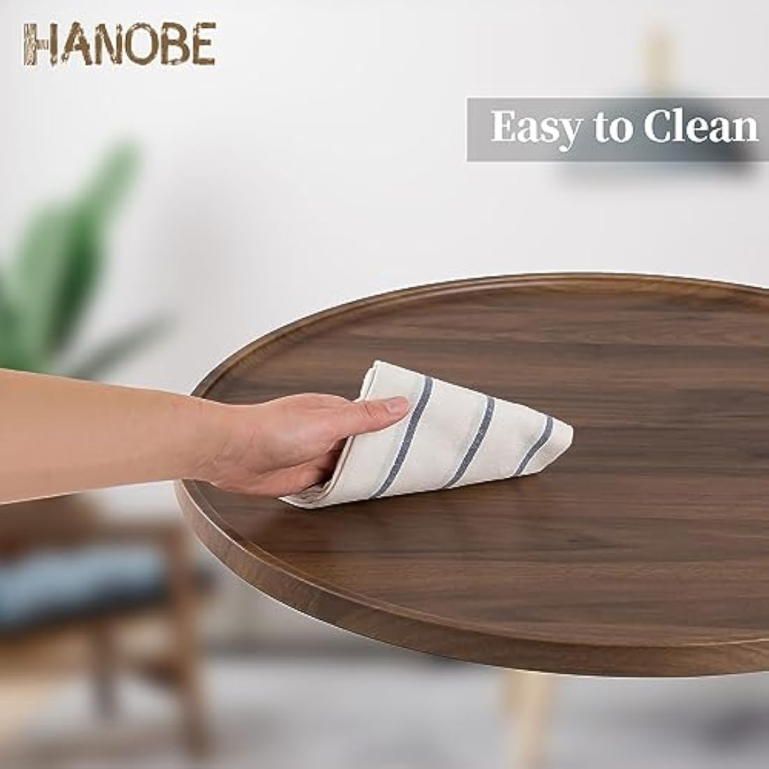 Hanobe Large Round Ottoman Serving Tray – 45cm Walnut Wood Coffee Table Tray