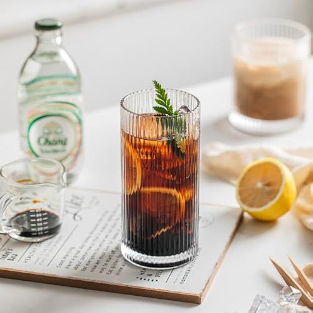 INSETLAN Ribbed Drinking Glasses - 6pc Origami Highball Glass Set