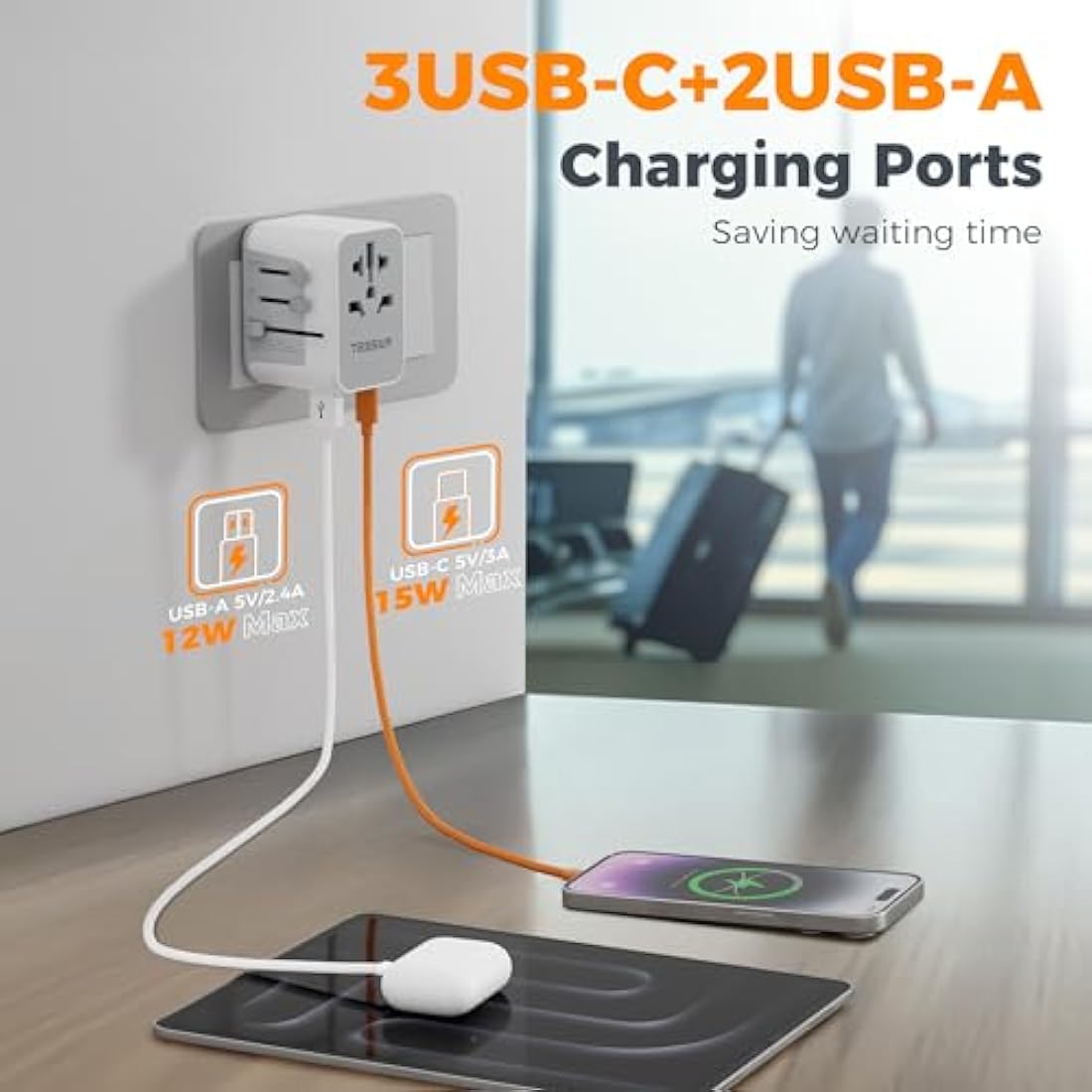 TESSAN Universal Travel Adapter | 28W Worldwide Plug with 5 USB Ports