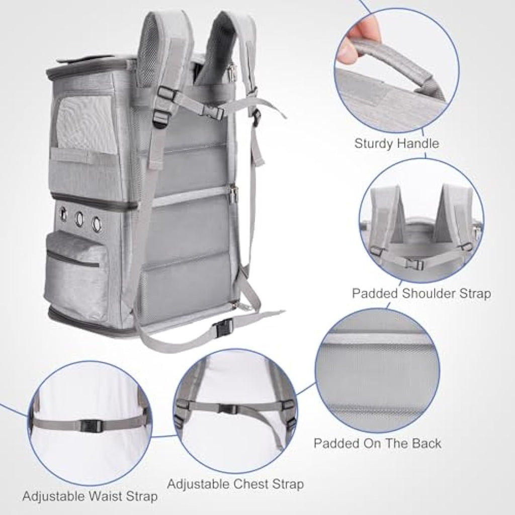 FASNATI Dual Compartment Pet Carrier Backpack for 2 Cats or Dogs - Grey, XL