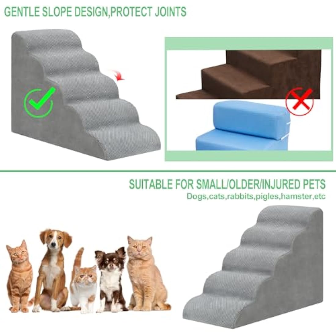 LIANTRAL 5-Step Foam Dog Stairs | Non-Slip Pet Ramp for High Beds, Grey