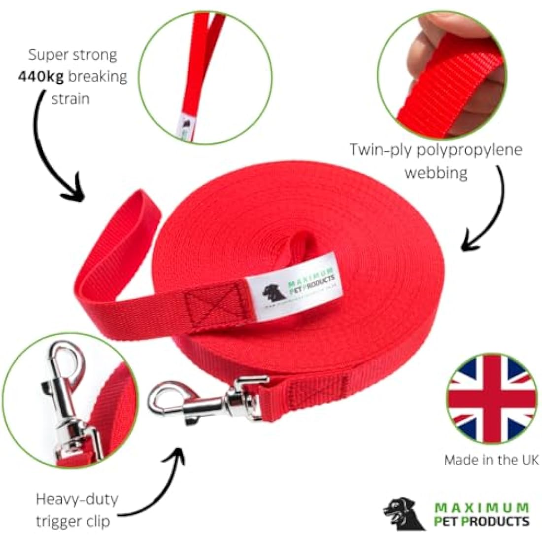Dog Training Lead – 65ft Long Recall Leash, Red