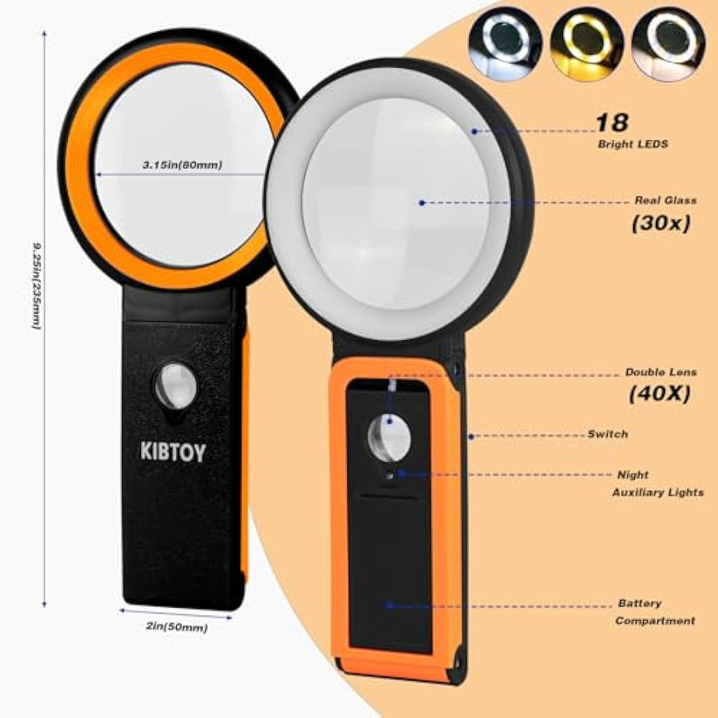 30X 40X Magnifying Glass with 18 LED Light and Folding Stand