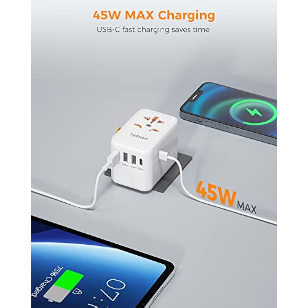TESSAN Universal Travel Adapter | 45W USB C Fast Charging 6-in-1 Plug