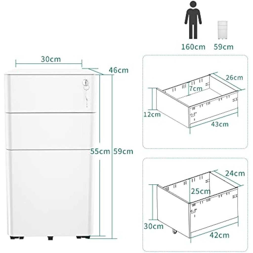 YITAHOME 3-Drawer Metal Mobile File Cabinet | Lockable White Office Storage