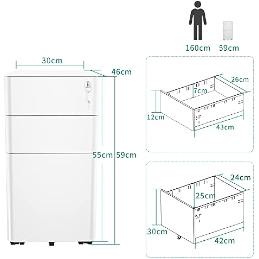 YITAHOME 3-Drawer Metal Mobile File Cabinet | Lockable White Office Storage