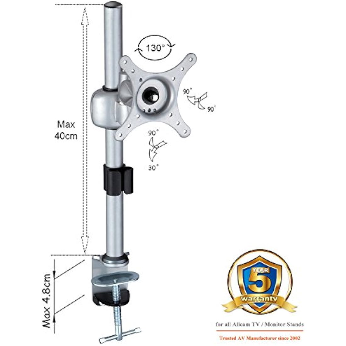 Allcam MDM01 Single Monitor Arm Stand | 17-27" VESA Desk Mount – Silver
