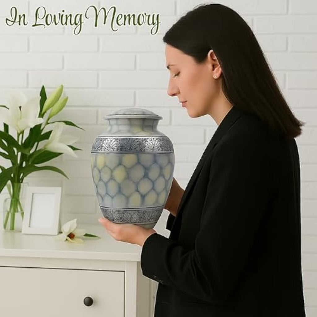 Handcrafted Silver Engraved Adult Cremation Urn - Cloud White