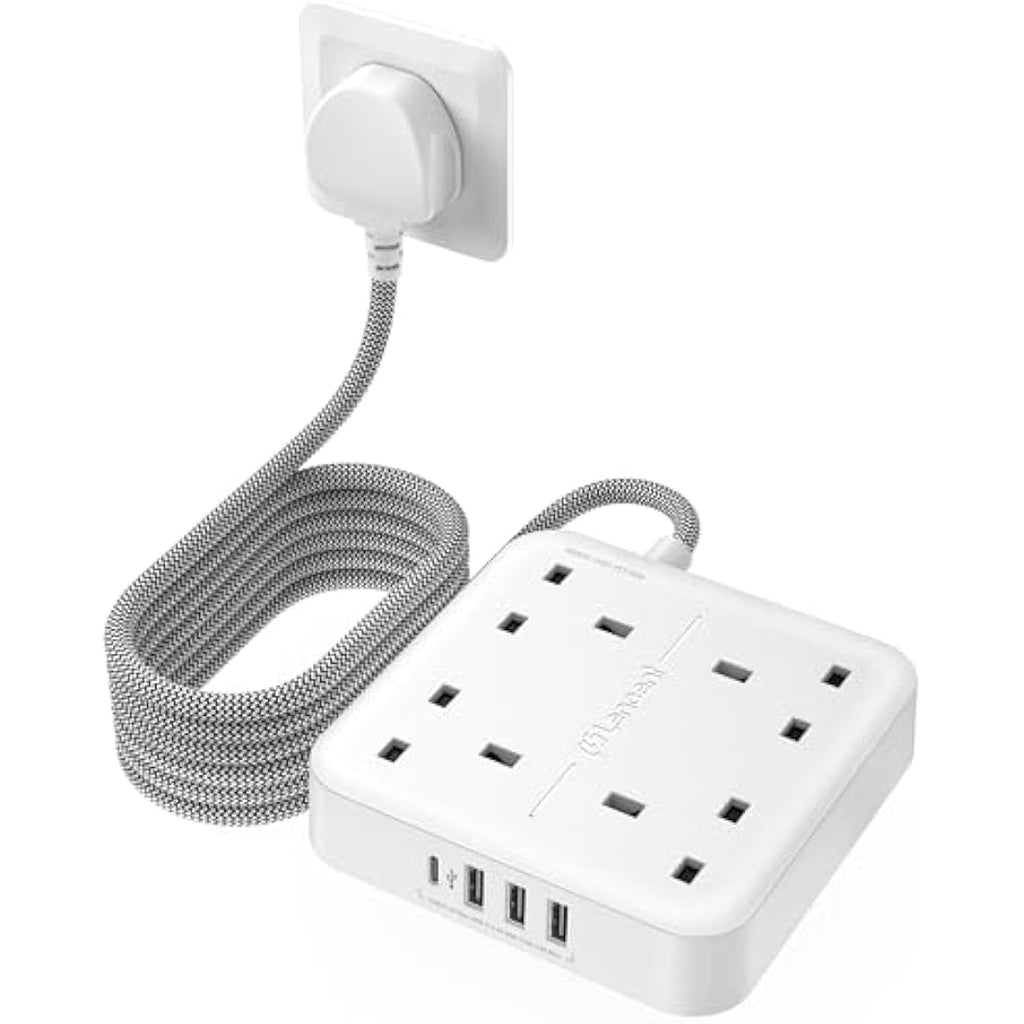 LENCENT 4-Way Power Strip – 3M Braided Extension Lead with USB-C & USB