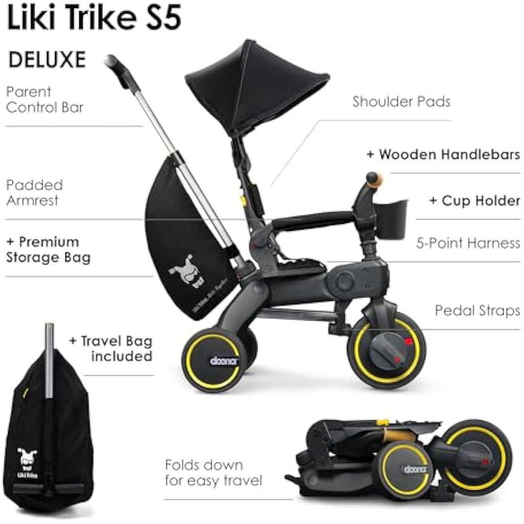 Doona Liki Trike S5 | Foldable Toddler Tricycle with Parent Handle - Black