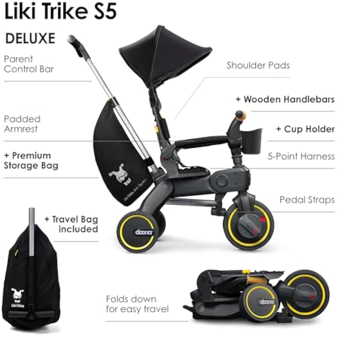 Doona Liki Trike S5 | Foldable Toddler Tricycle with Parent Handle - Black