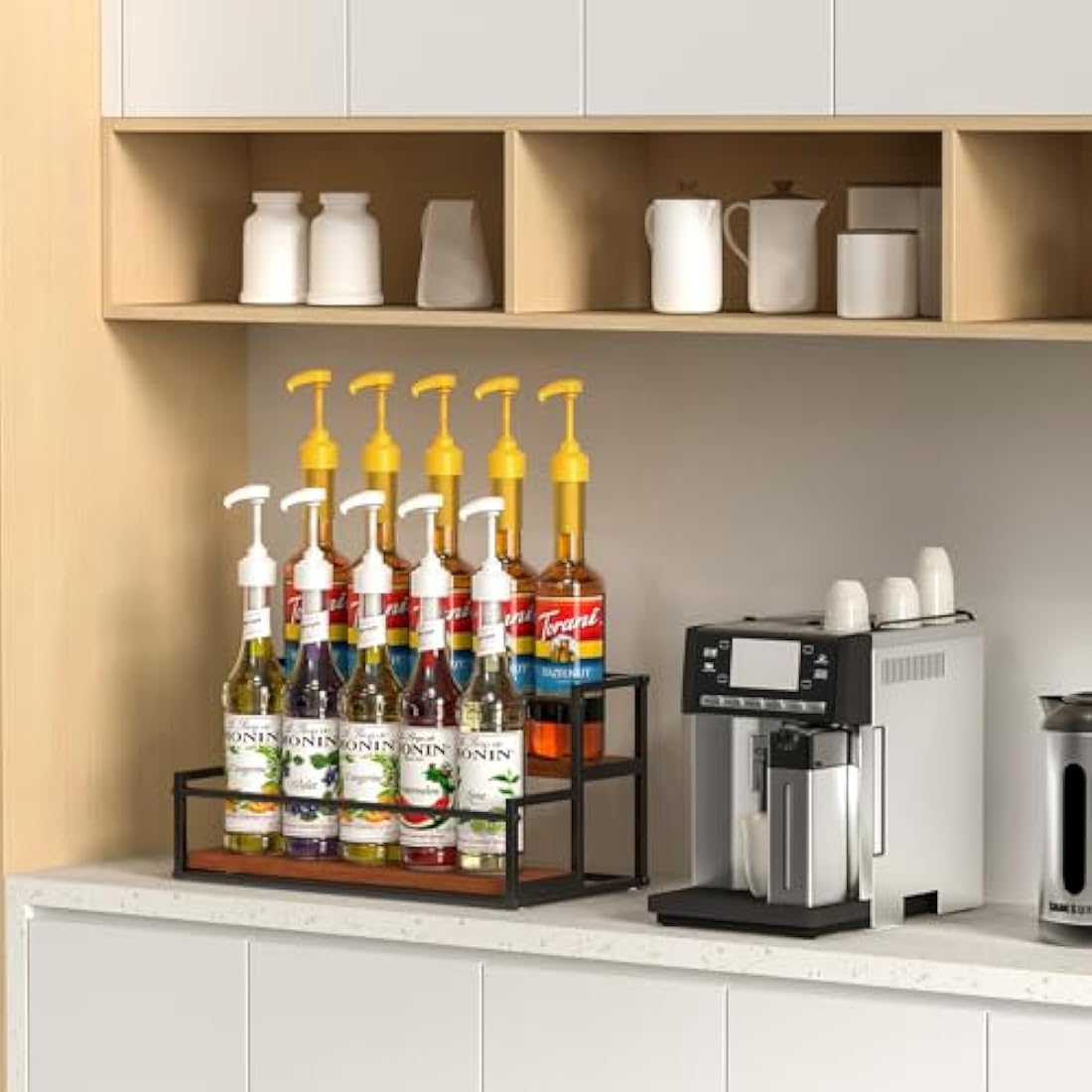 THYGIFTREE 2-Tier Coffee Syrup Rack – 10 Bottle Metal & Wood Organizer