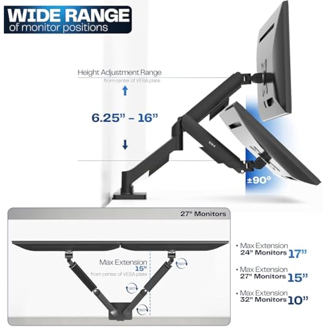 VIVO Dual Monitor Desk Mount – Height Adjustable Pneumatic Arm