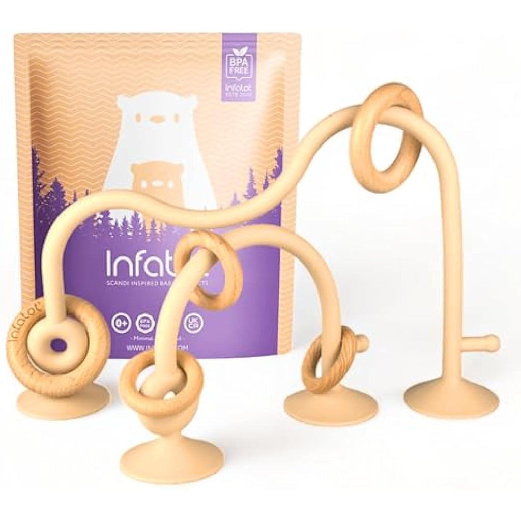 Infatot Silicone & Wood Suction Teething Toy – Sensory Baby Toy, Cream