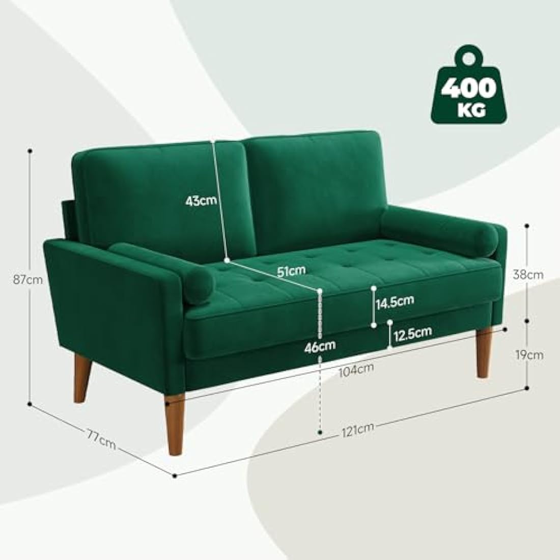 Vesgantti 2 Seater Velvet Sofa – Modern Green Loveseat with Wood Legs