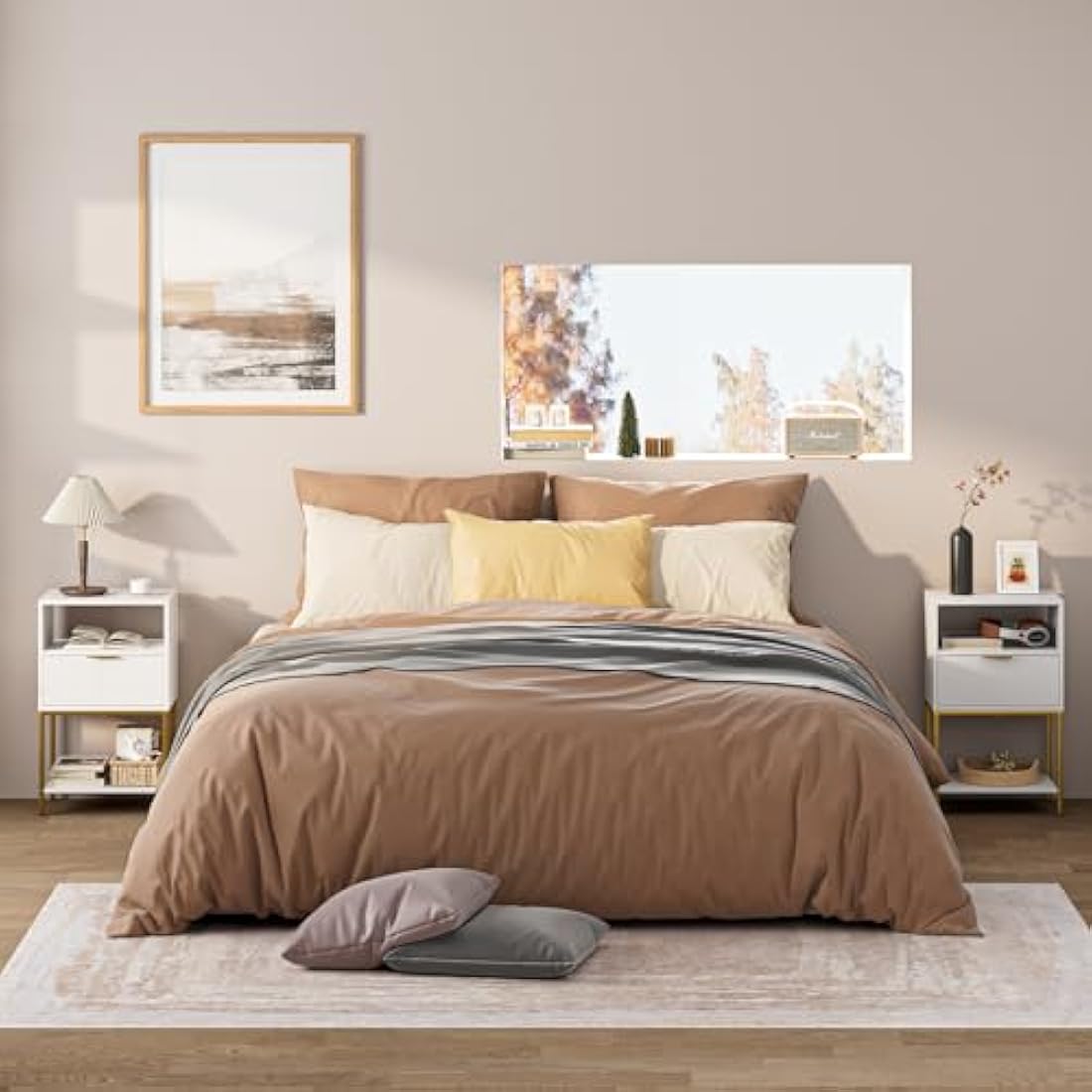 HEYZOEY White Fluted Nightstand – Tall Bedside Table with Gold Frame