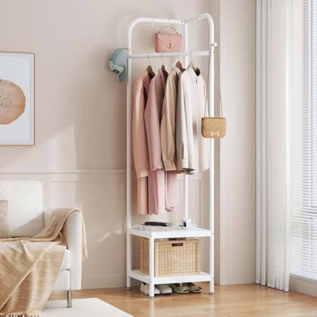 Metal Corner Coat Rack | Small Space Shoe Stand - White