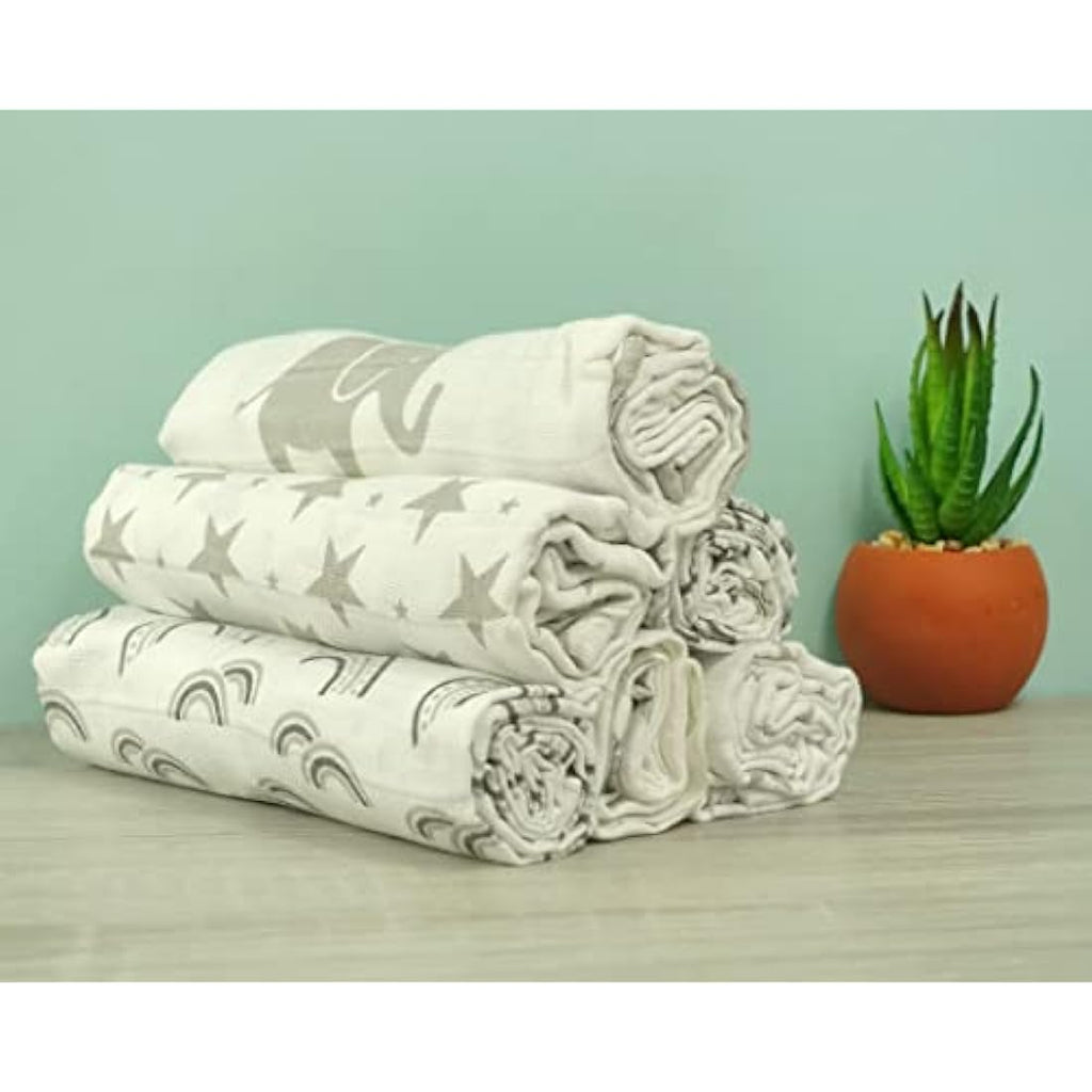 MuslinZ 100% Cotton Muslin Squares – 6 Pack Grey Prints (70x70cm)