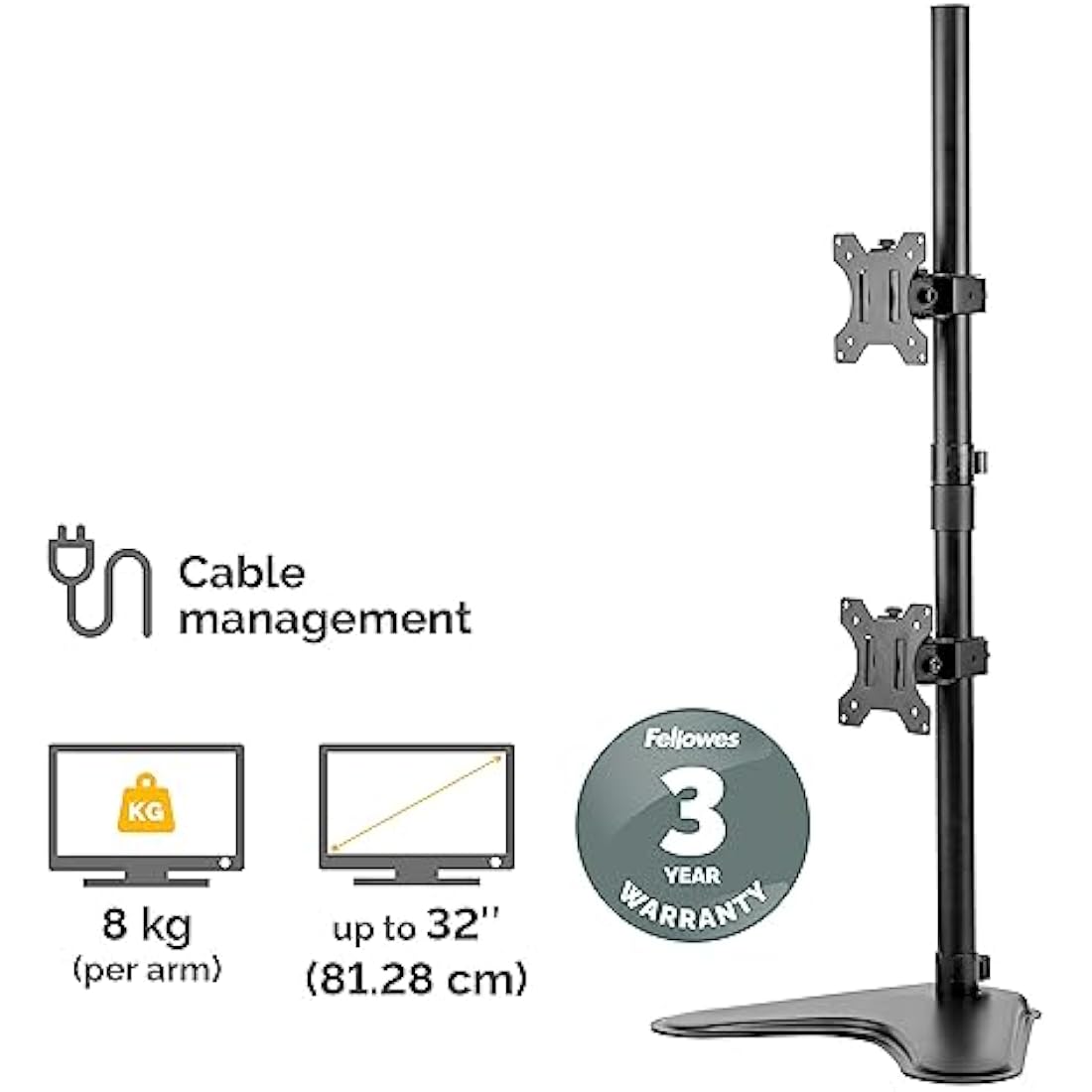 Fellowes Dual Stacking Monitor Arm – Adjustable Freestanding VESA Mount