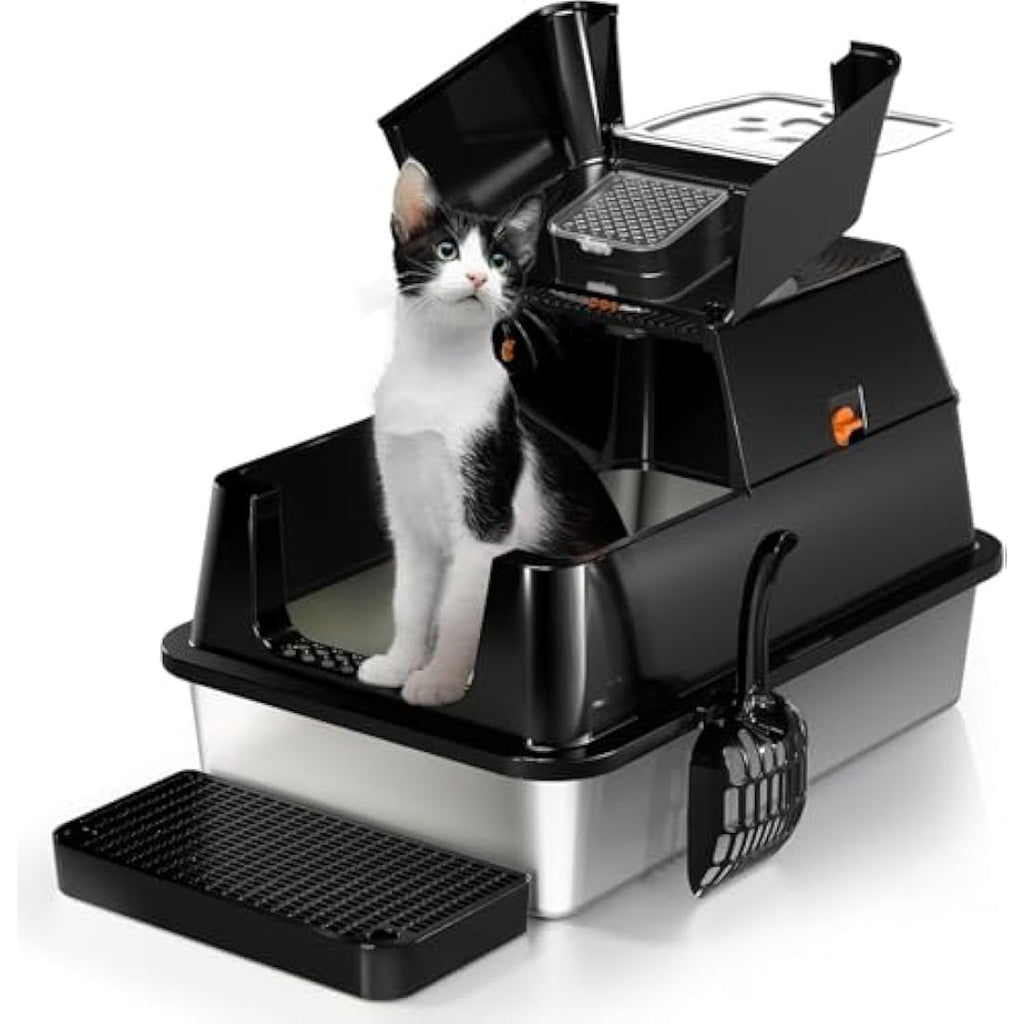 Jolof Store Stainless Steel Cat Litter Box – Large Enclosed Flip-Top Tray